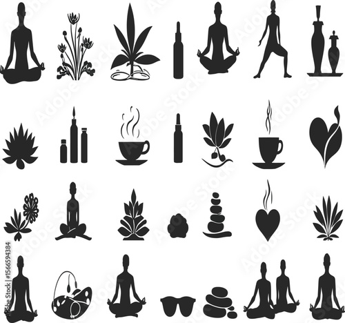 Silhouettes of People Practicing Yoga and Meditation in Various Poses for Wellness, Mindfulness, Fitness, and Spiritual Lifestyle Concepts