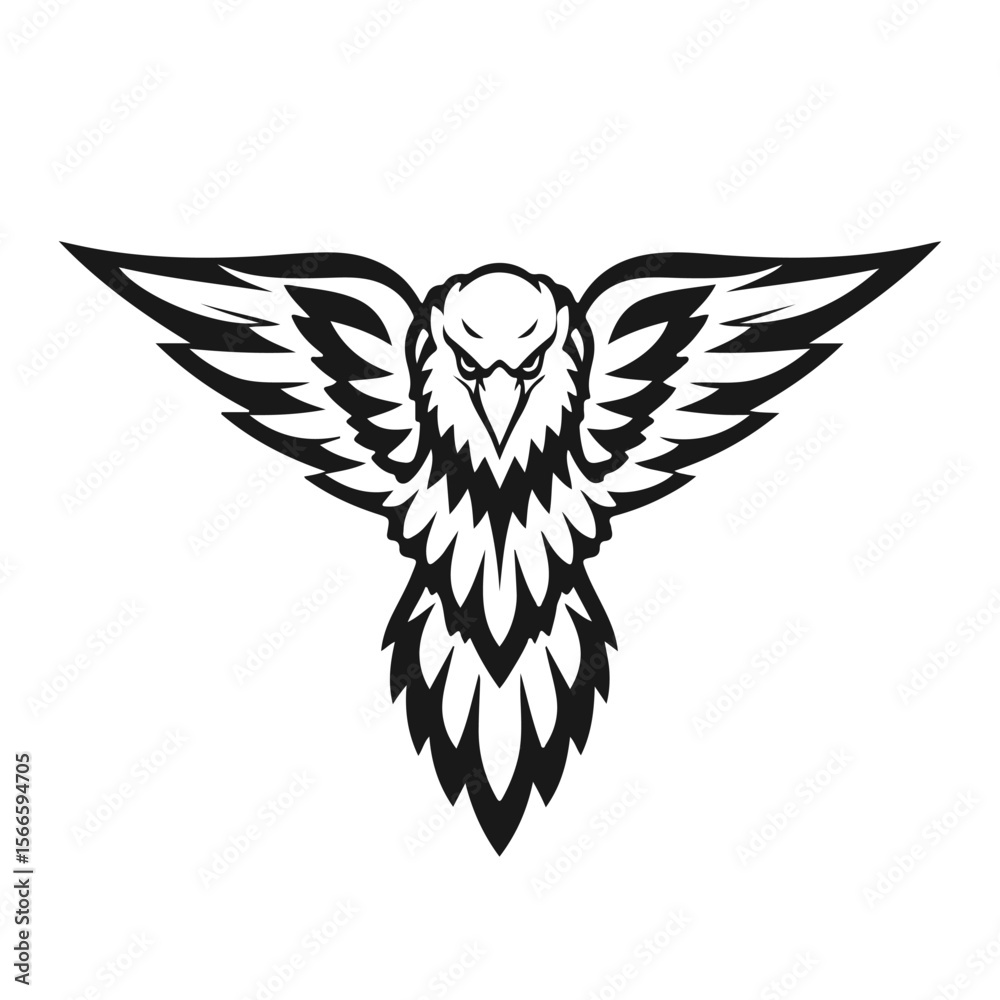 Obraz premium Flying eagle illustration, eagle spread wings, tribal bird, majestic hawk design, black bird silhouette