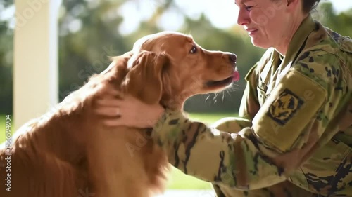 Military Woman's Bond with Golden Retriever