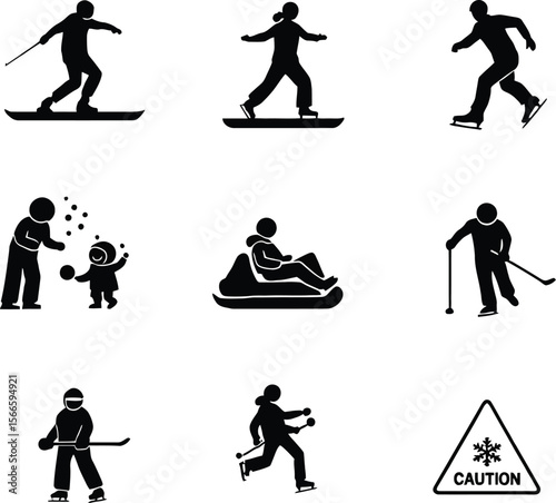 Winter Moves Monochrome Icon Set of Snow Sports, Family Fun, and Frosty Precautions