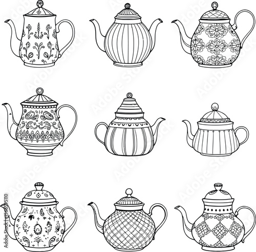 Pouring Forms  Vector Icon Set of Nine Unique Teapots in Stylized Silhouette
