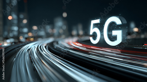 Dynamic light trails illuminate a futuristic city, symbolizing the rapid speed and global reach of 5G technology.