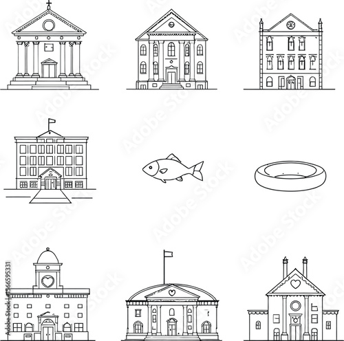 Civic Icons & Symbolic Diversions  A Stylized Grid of Public Buildings and Playful Emblems