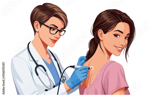 Medical illustration of a dermatologist performing an outpatient skin treatment on the back of a young patient. Clinical illustration of a cosmetic procedure. Dermatologist Treating a Skin Lesion