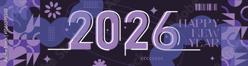 Happy New Year 2026 text design Modern Calligraphy Greetings on a Stylish background with geometric patterns, abstract pattern with lines, new year celebration design, colorful vector illustration