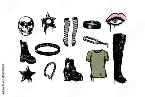 Hand Drawn Alternative Fashion Accessories Set in Grunge Style for Punk Rock Subculture Merch and Youth Clothing. Black and Pastel Color Palette on Transparent Background