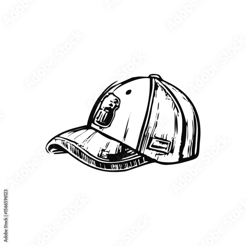 Grunge-Style Hand Drawn Baseball Cap Illustration for Sportswear, Urban Youth Fashion, or Streetwear Branding. Black and White Vector on Transparent Background.