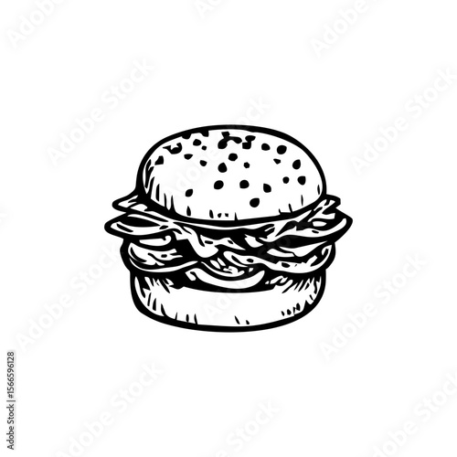Classic American Cheeseburger Icon – Monochrome Fast Food Illustration for Menu Designs, Junk Food Culture, or Urban Branding – SVG Isolated on Transparent Background