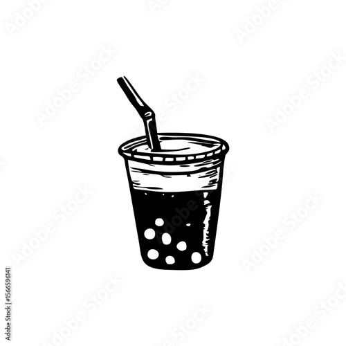 Full Bubble Tea Cup with Tapioca Pearls in Bold Black Line Style for Urban Café Menus and Asian Drink Promotion. Transparent Background Vector in Sketch Doodle Format.