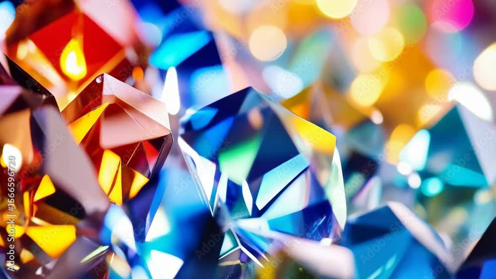 Abstract close up of colorful shimmering geometric crystals reflecting vibrant light with bokeh effect and shallow depth of field.