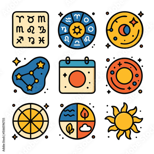 Zodiac symbols and signs in vibrant colors, perfect for horoscope apps, astrology websites, and celestialthemed designs. Astrology enthusiasts will love these graphics.