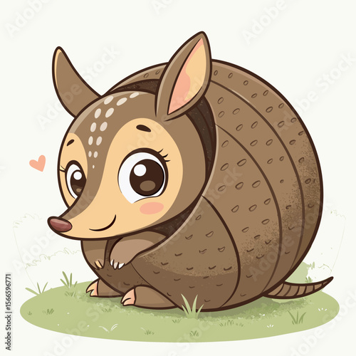 Cute Cartoon Armadillo Curled Up with Big Eyes and Smile