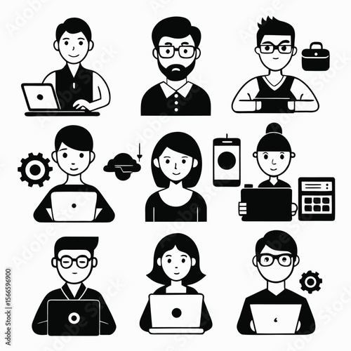 Diverse Team Icons Professionals Working on Laptops and Devices