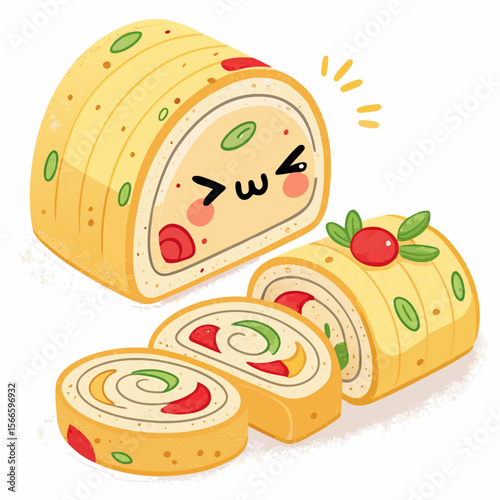 Whimsical Kawaii Roll Cake with Colorful Cream Swirls