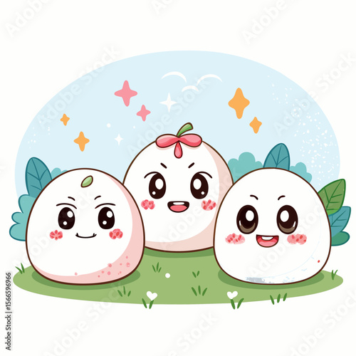 Cute Trio of Rice Ball Characters in Outdoor Cartoon Scene