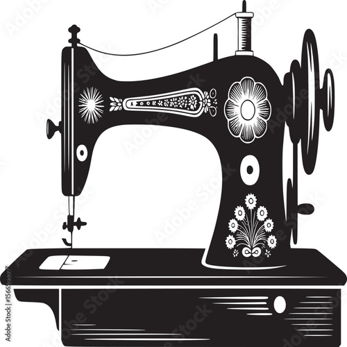 Vintage sewing machine illustration black and white antique tailor equipment fashion design vector art on transparent background