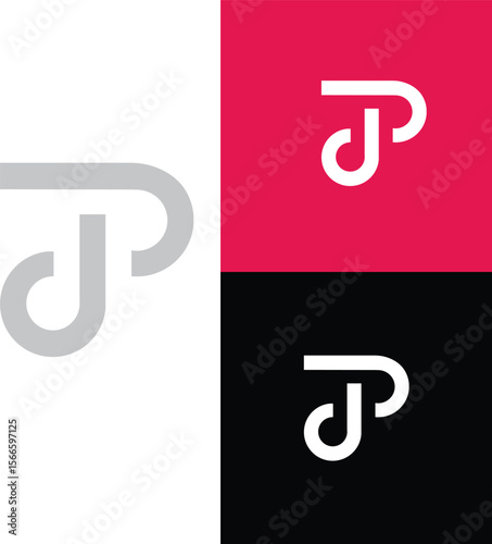 A modern and abstract monogram logo combining the letters "J" and "P" in a clean, minimalist style. Presented in bold color variations—white, black, grey, and pink—ideal for personal brands, creative 