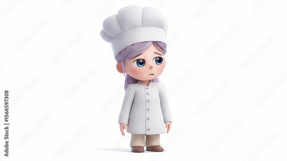 Sad Chef Girl: 3D Animated Character with Chef's Uniform on White Background Sad Chef Girl: 3D Animated Character with Chef's Uniform on White Background