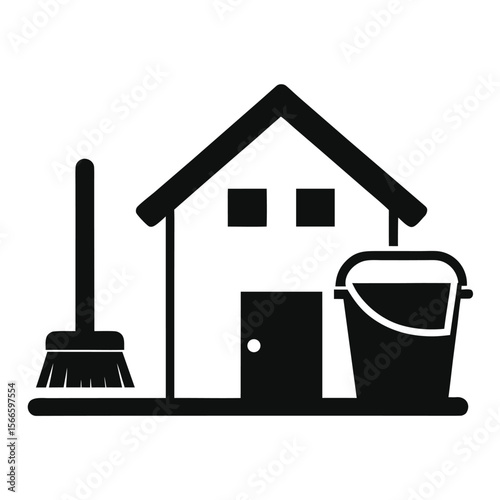 House Cleaning Service Broom, Bucket, and Sparkling Clean Home