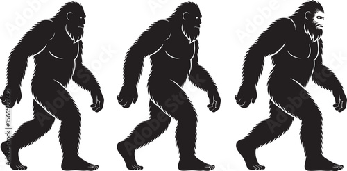  Bigfoot and Yeti Walking Silhouette Set – Vector Mythical Creature Icons in Black