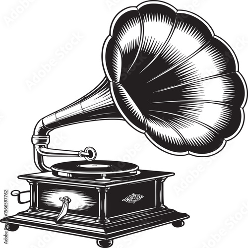 Vintage gramophone phonograph record player antique music nostalgia sound system audio equipment illustration on transparent background