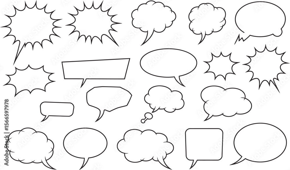 Fototapeta premium Hand-Drawn Comic Speech and Thought Bubbles Set – Vector Outline Chat and Explosion Icons Collection