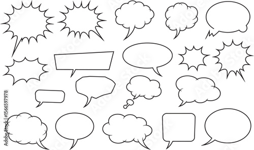 Hand-Drawn Comic Speech and Thought Bubbles Set – Vector Outline Chat and Explosion Icons Collection