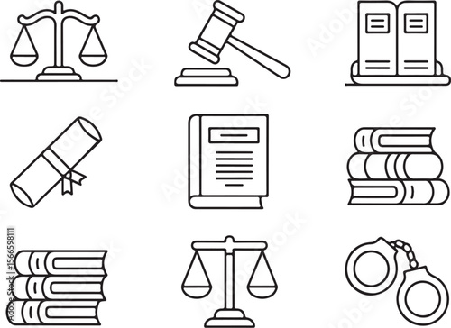Courtroom and Legal Symbols – Law Book, Judge, Gavel Icons

