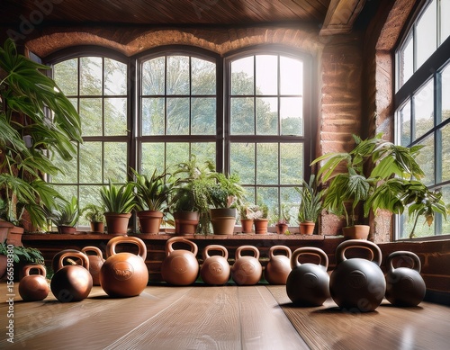 rustic workout space with terracotta kettlebells and plants by a large window