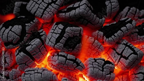 Macro close-up video of glowing embers in a campfire.  