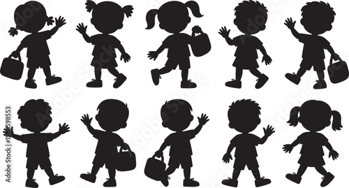 Silhouette Set of School Children Waving – Vector Kids with Backpacks Walking and Greeting