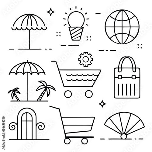 Line Art Icons Travel, Shopping, Ideas, and Summer Vacation