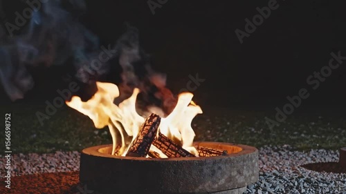 Outdoor Fire Burning in a Modern Fire Pit at Night