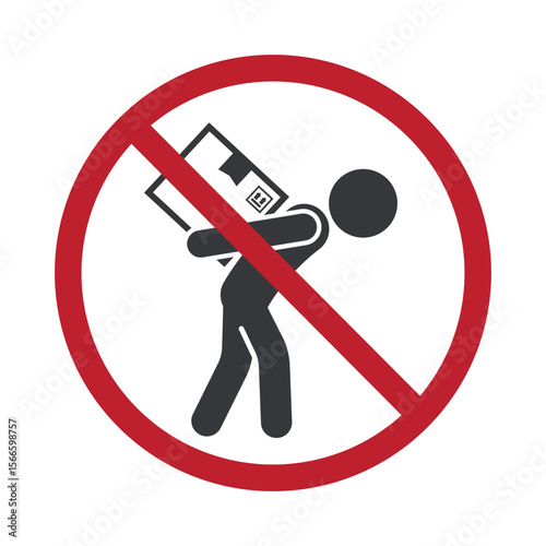 Isolated prohibition sign warning against lifting boxes alone, symbolizing heavy package caution and reminder to avoid excessive physical strain.
