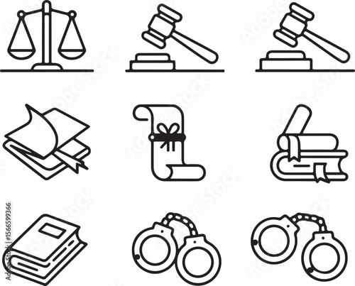 Law and Justice Icon Set – Court, Gavel, Scale Vector

