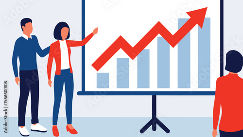 People presenting a business graph showing upward trend in a meeting with colleagues present here