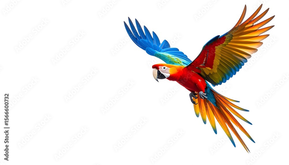 Fototapeta premium Exotic parrot with rainbow feathers soaring through air isolated on white