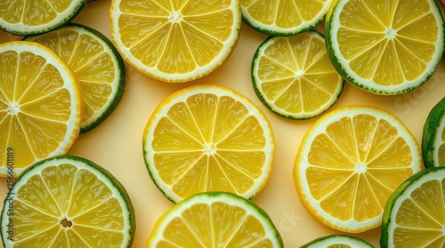 Overhead close up shot of sliced lemons and limes arranged against a yellow backdrop