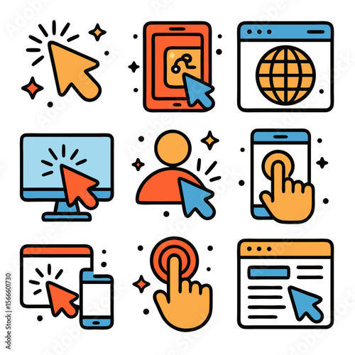 Click nine colorful clickable interface icons for intuitive user interaction. Suitable for web design projects and app development.