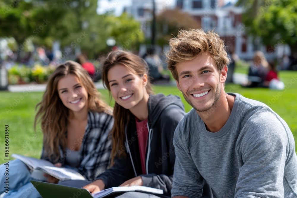 Friends enjoying a sunny day studying outdoors in the park Friends enjoying a sunny day studying outdoors in the park