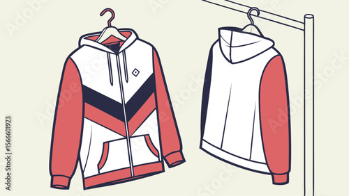Flat vector mockup of a zipped hoodie displayed on a hanger