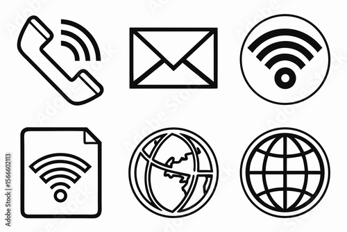 Black and white vector icon set of communication and technology symbols including phone, email, Wi-Fi, internet globe, and smartphone for web and app design.