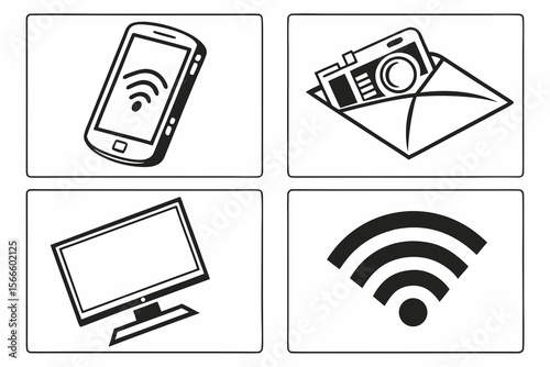 Black and white vector icon set of communication and technology symbols including phone, email, Wi-Fi, internet globe, and smartphone for web and app design.
