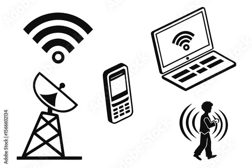 Black and white vector icon set of communication and technology symbols including phone, email, Wi-Fi, internet globe, and smartphone for web and app design.