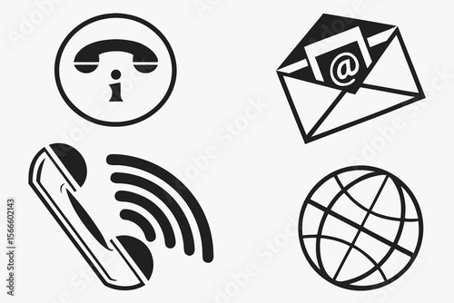 Black and white vector icon set of communication and technology symbols including phone, email, Wi-Fi, internet globe, and smartphone for web and app design.