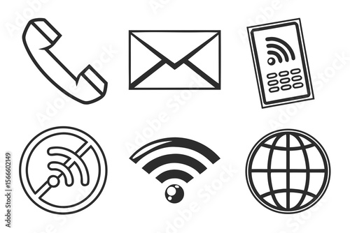 Black and white vector icon set of communication and technology symbols including phone, email, Wi-Fi, internet globe, and smartphone for web and app design.