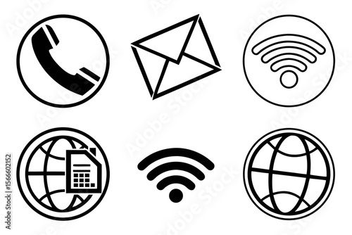 Black and white vector icon set of communication and technology symbols including phone, email, Wi-Fi, internet globe, and smartphone for web and app design.