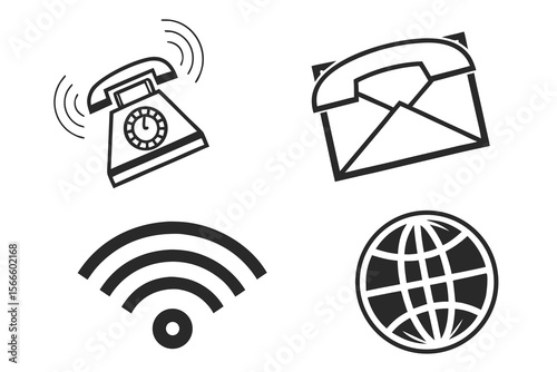 Black and white vector icon set of communication and technology symbols including phone, email, Wi-Fi, internet globe, and smartphone for web and app design.