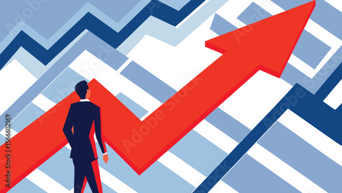 Man in suit looking at upward trending red arrow against a geometric background pattern design