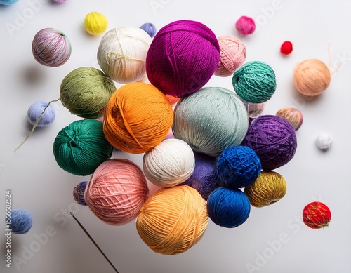 colorful yarn balls floating on a white background various skeins of wool in bright colors knitting and craft